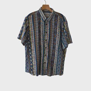 VATPAVE Button Up Shirt Indonesian Tribal Print Geometric Colorful Mens Large